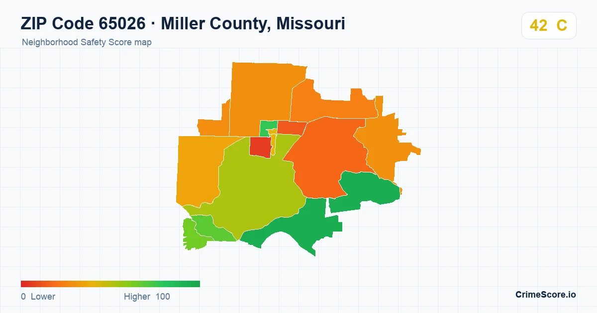 ZIP Code 65026 in Miller County, Missouri neighborhood Safety Score map
