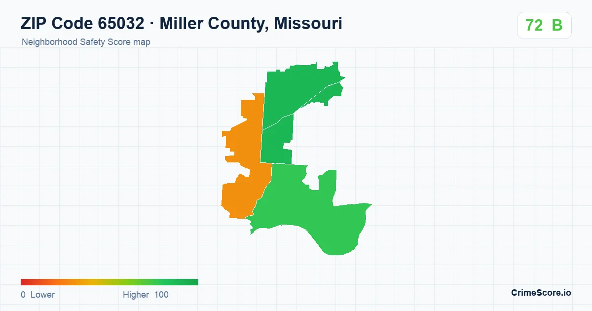 ZIP Code 65032 in Miller County, Missouri neighborhood Safety Score map