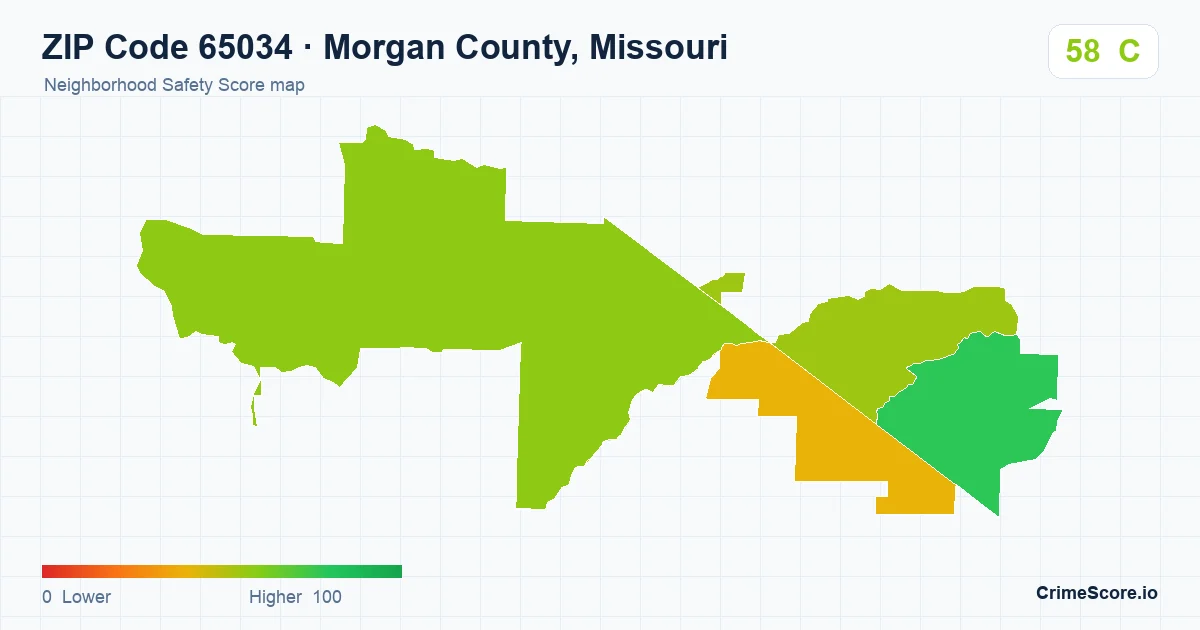 ZIP Code 65034 in Morgan County, Missouri neighborhood Safety Score map