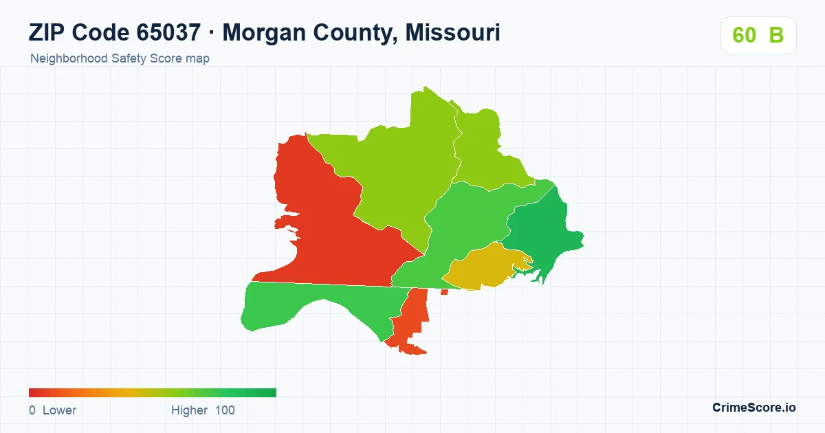 ZIP Code 65037 in Morgan County, Missouri neighborhood Safety Score map