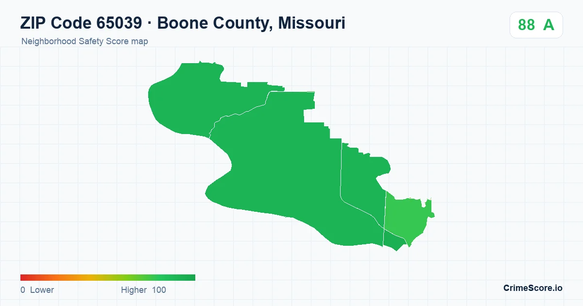 ZIP Code 65039 in Boone County, Missouri neighborhood Safety Score map