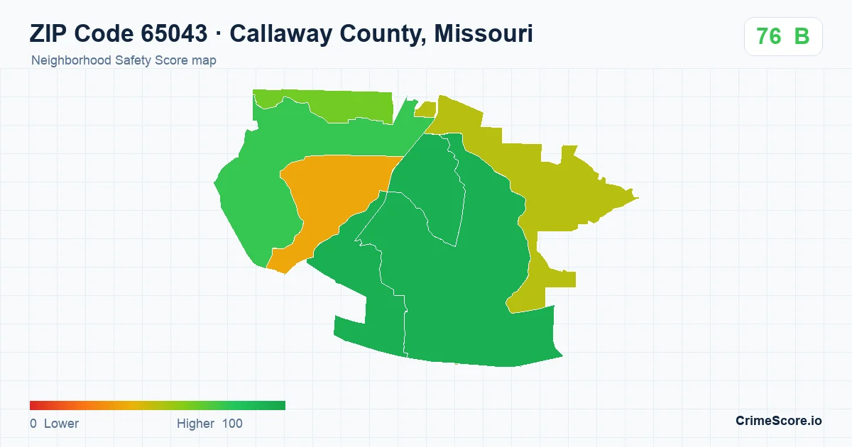 ZIP Code 65043 in Callaway County, Missouri neighborhood Safety Score map