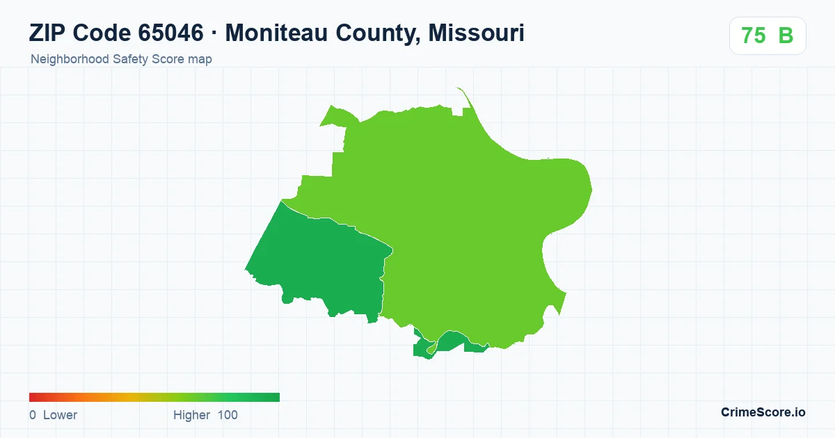 ZIP Code 65046 in Moniteau County, Missouri neighborhood Safety Score map