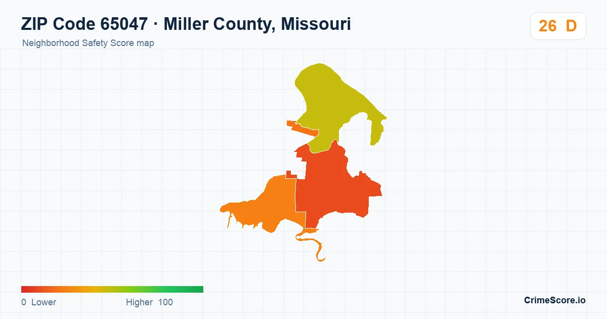 ZIP Code 65047 in Miller County, Missouri neighborhood Safety Score map