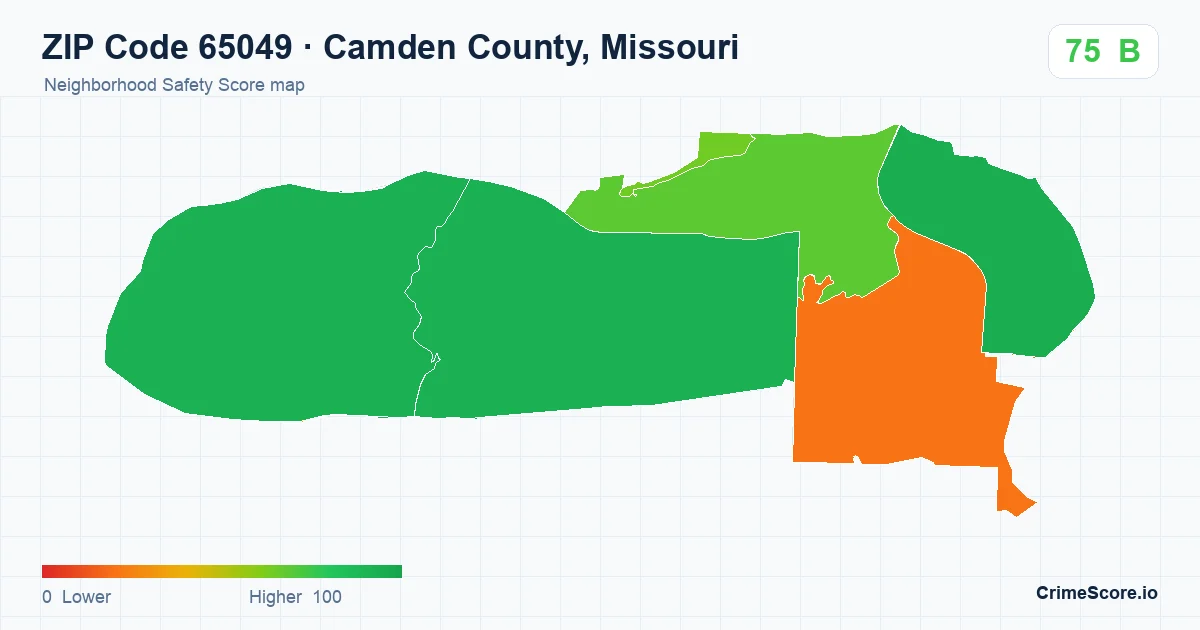 ZIP Code 65049 in Camden County, Missouri neighborhood Safety Score map
