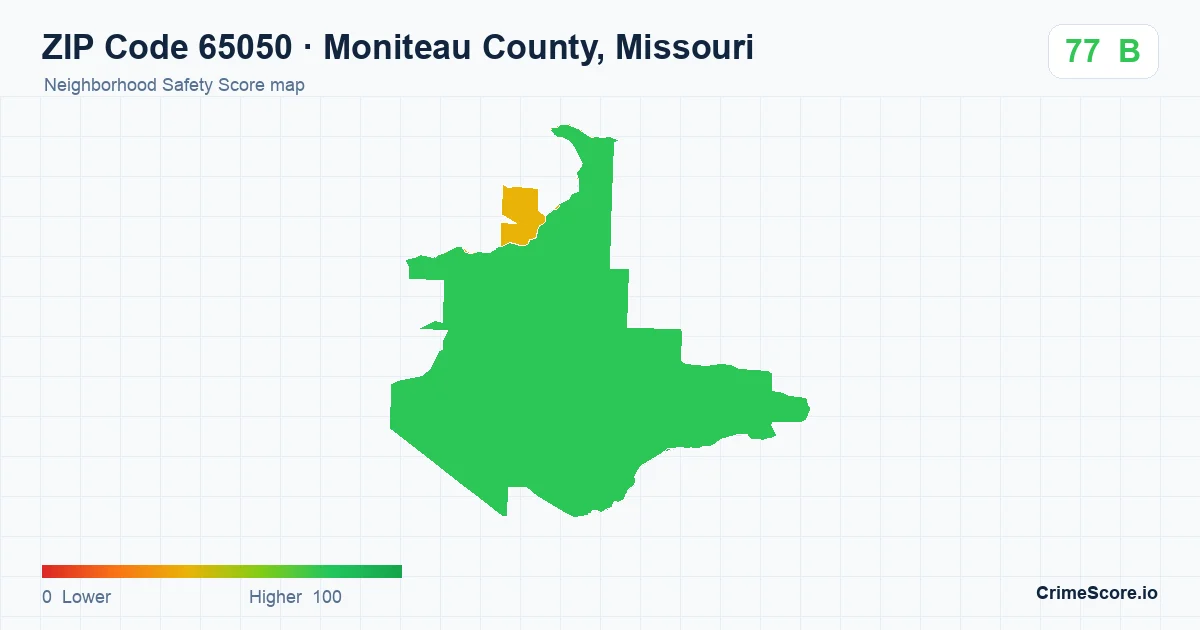 ZIP Code 65050 in Moniteau County, Missouri neighborhood Safety Score map