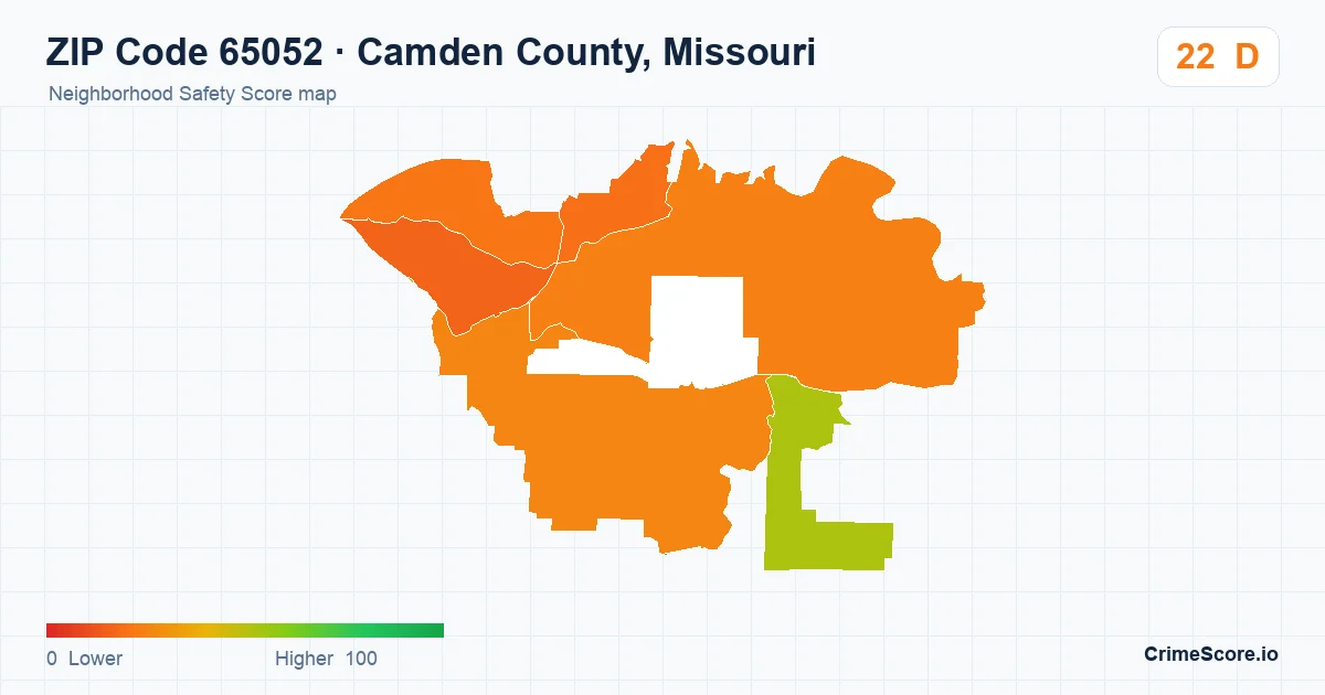 ZIP Code 65052 in Camden County, Missouri neighborhood Safety Score map