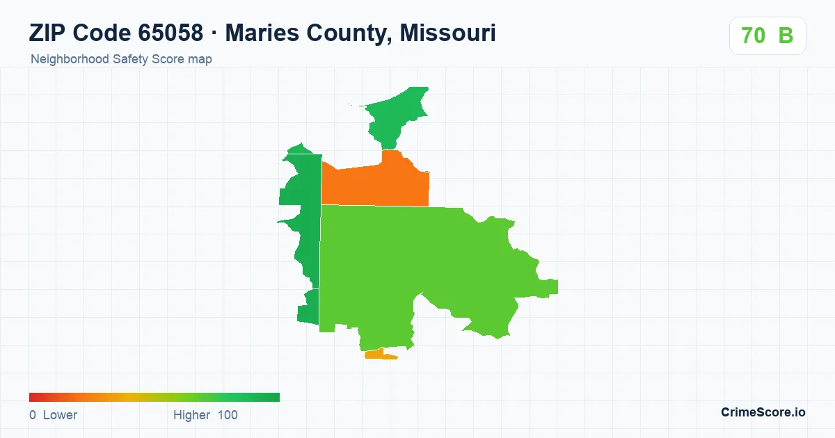 ZIP Code 65058 in Maries County, Missouri neighborhood Safety Score map