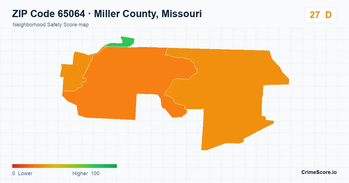 ZIP Code 65064 in Miller County, Missouri neighborhood Safety Score map
