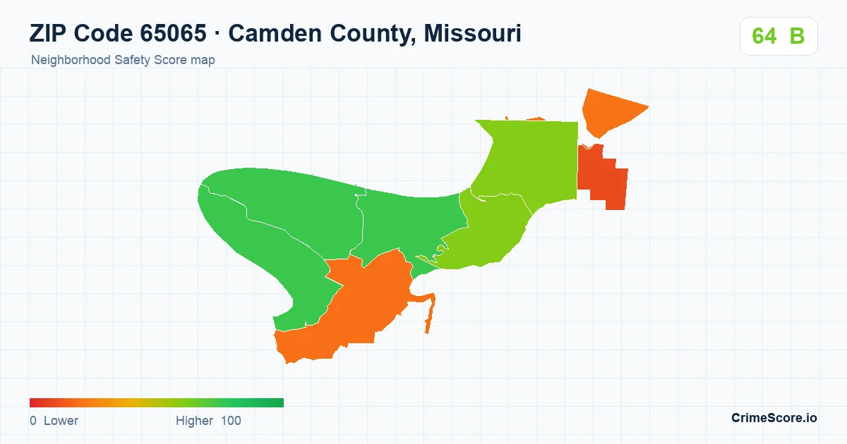 ZIP Code 65065 in Camden County, Missouri neighborhood Safety Score map