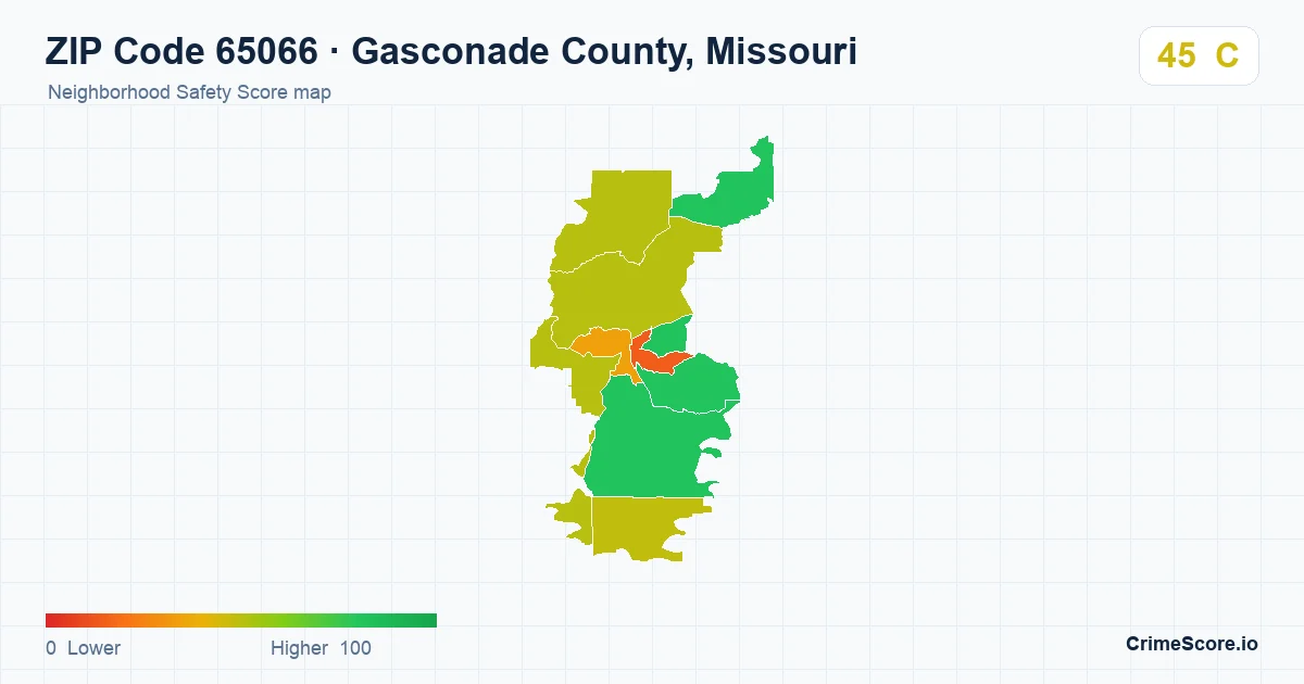 ZIP Code 65066 in Gasconade County, Missouri neighborhood Safety Score map