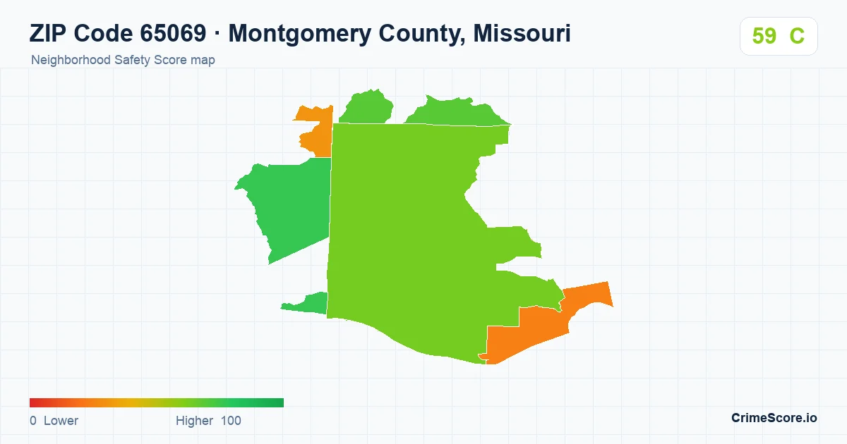 ZIP Code 65069 in Montgomery County, Missouri neighborhood Safety Score map