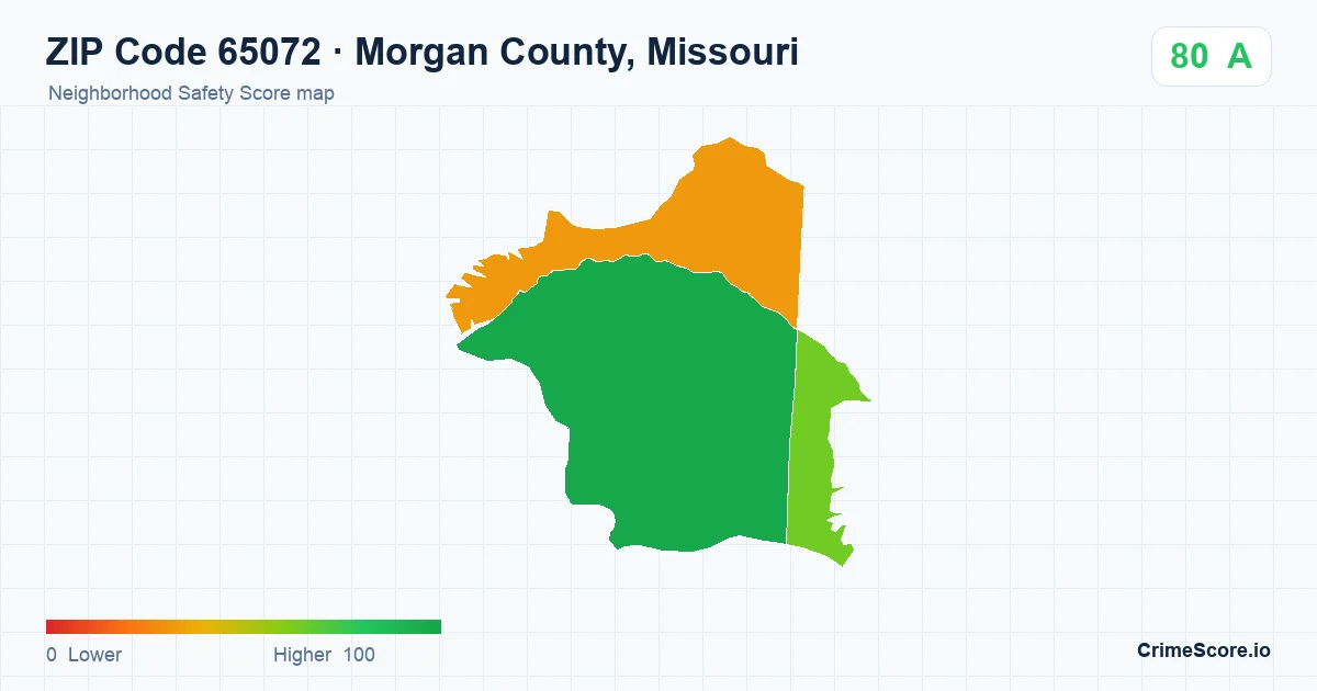ZIP Code 65072 in Morgan County, Missouri neighborhood Safety Score map