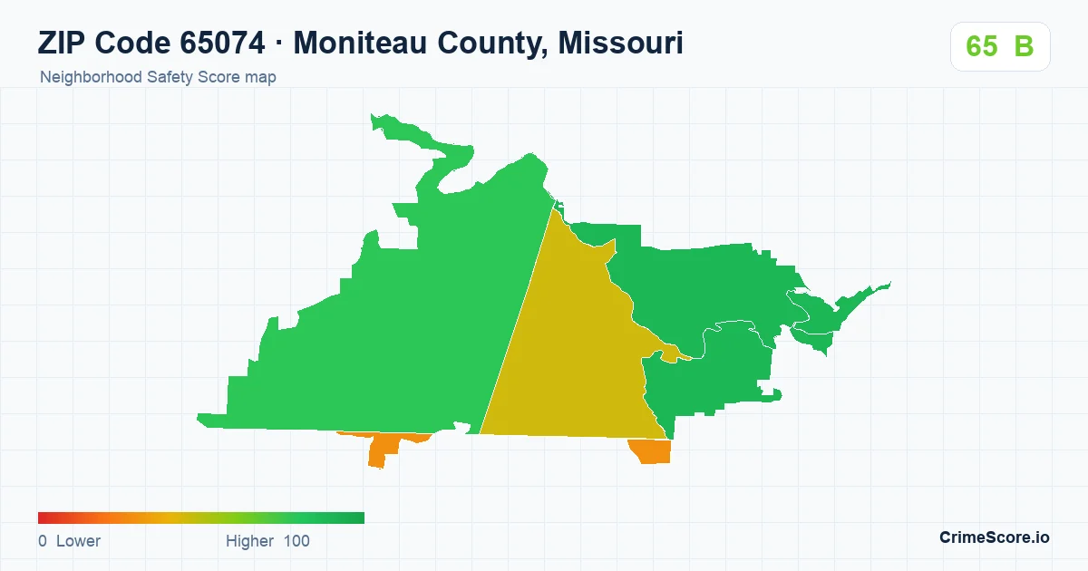 ZIP Code 65074 in Moniteau County, Missouri neighborhood Safety Score map