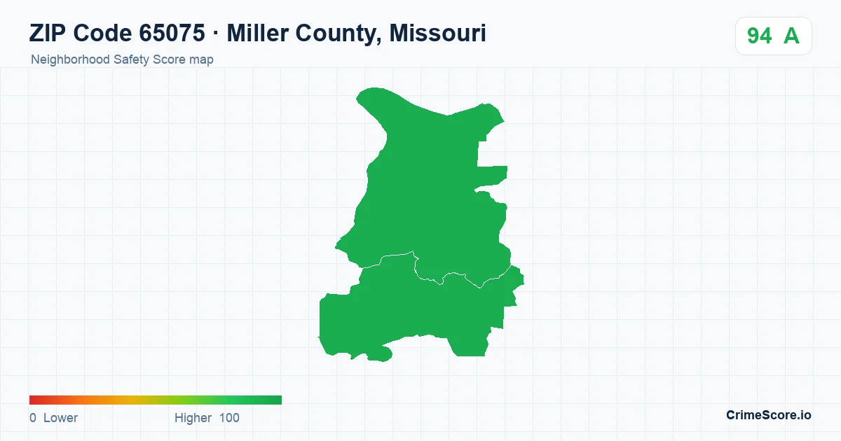 ZIP Code 65075 in Miller County, Missouri neighborhood Safety Score map