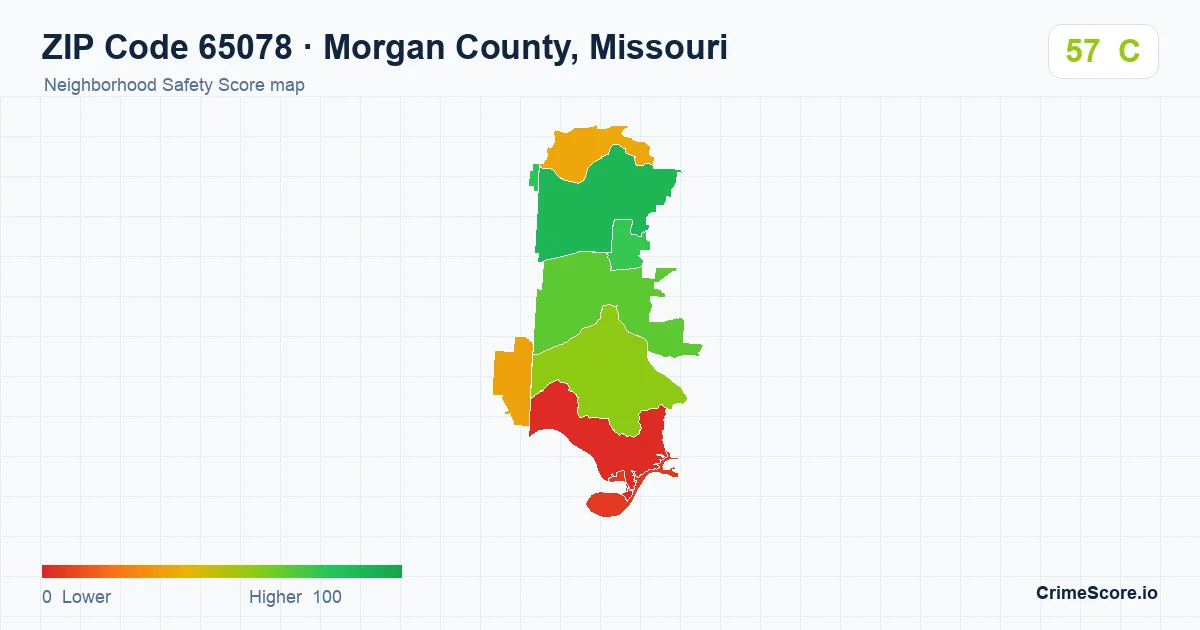 ZIP Code 65078 in Morgan County, Missouri neighborhood Safety Score map