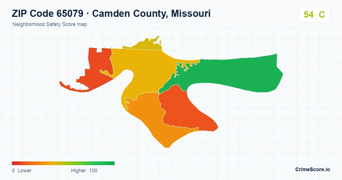ZIP Code 65079 in Camden County, Missouri neighborhood Safety Score map