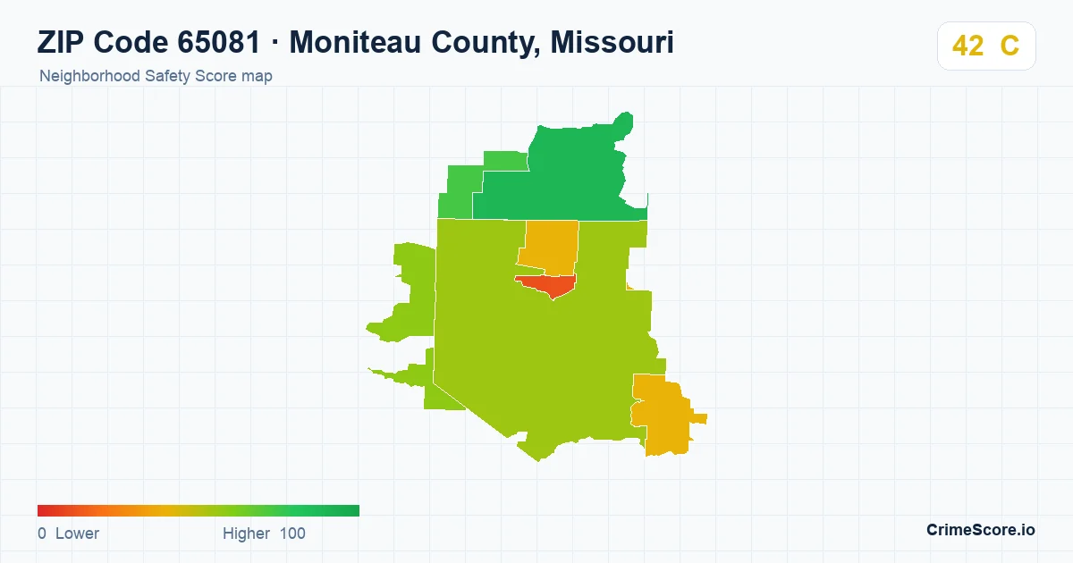 ZIP Code 65081 in Moniteau County, Missouri neighborhood Safety Score map