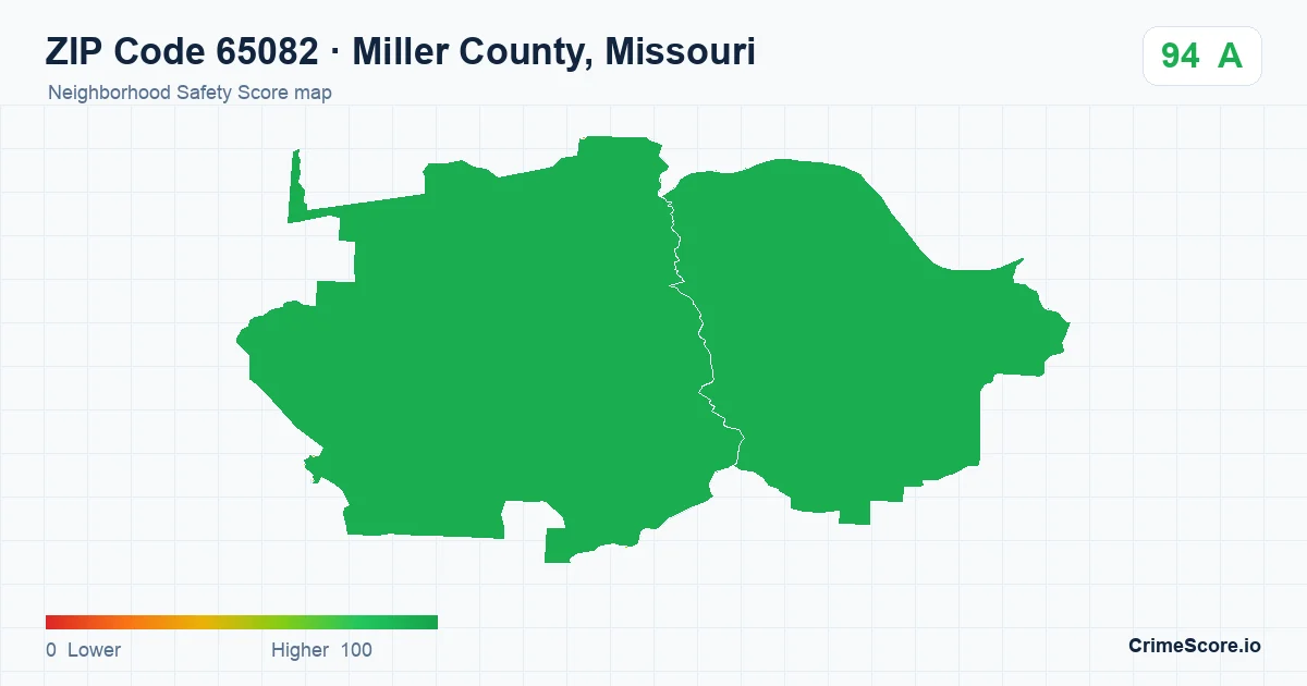 ZIP Code 65082 in Miller County, Missouri neighborhood Safety Score map