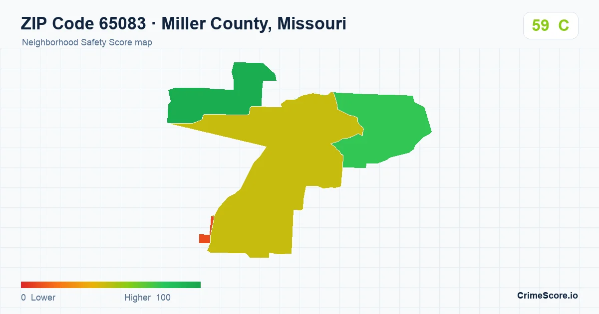 ZIP Code 65083 in Miller County, Missouri neighborhood Safety Score map