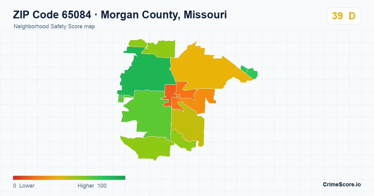 ZIP Code 65084 in Morgan County, Missouri neighborhood Safety Score map
