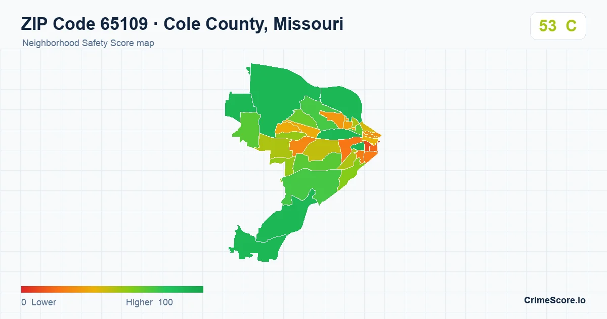 ZIP Code 65109 in Cole County, Missouri neighborhood Safety Score map