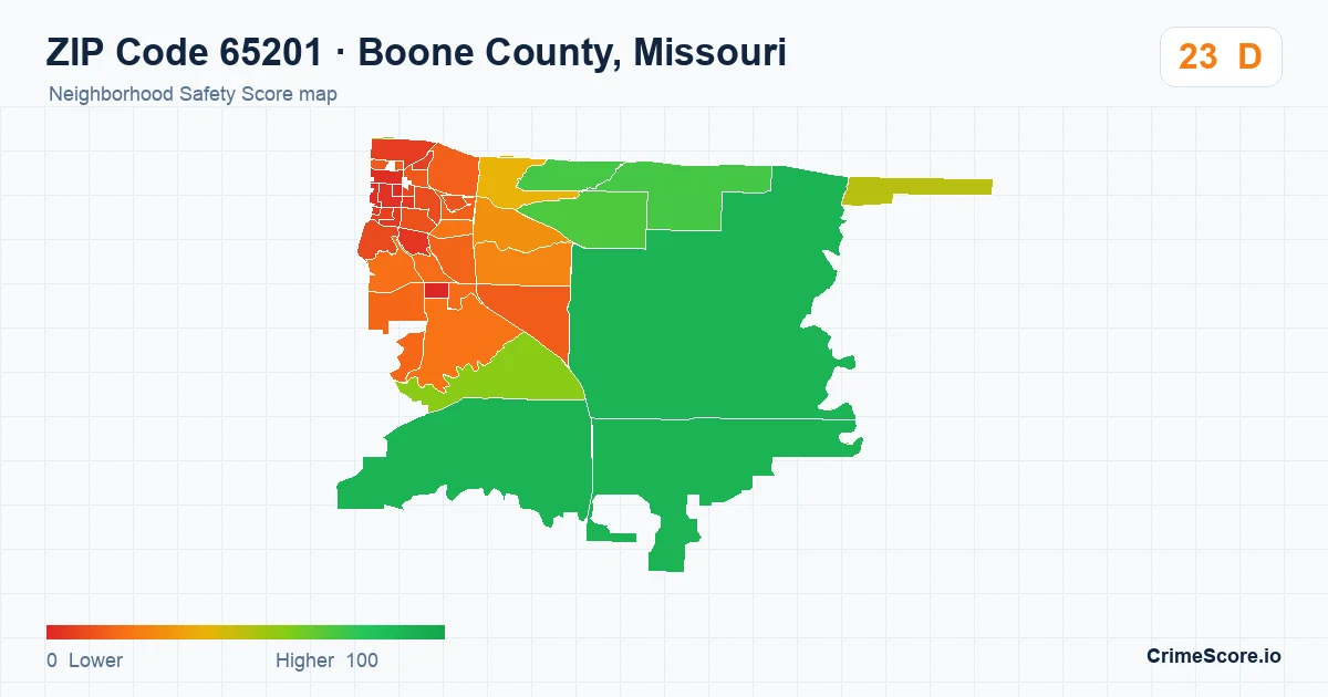 ZIP Code 65201 in Boone County, Missouri neighborhood Safety Score map