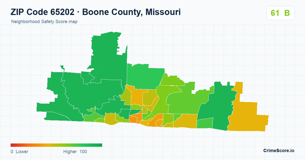 ZIP Code 65202 in Boone County, Missouri neighborhood Safety Score map