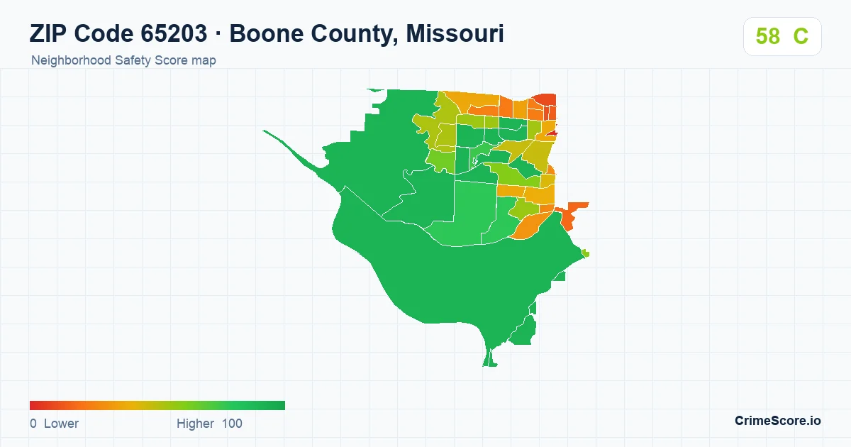 ZIP Code 65203 in Boone County, Missouri neighborhood Safety Score map
