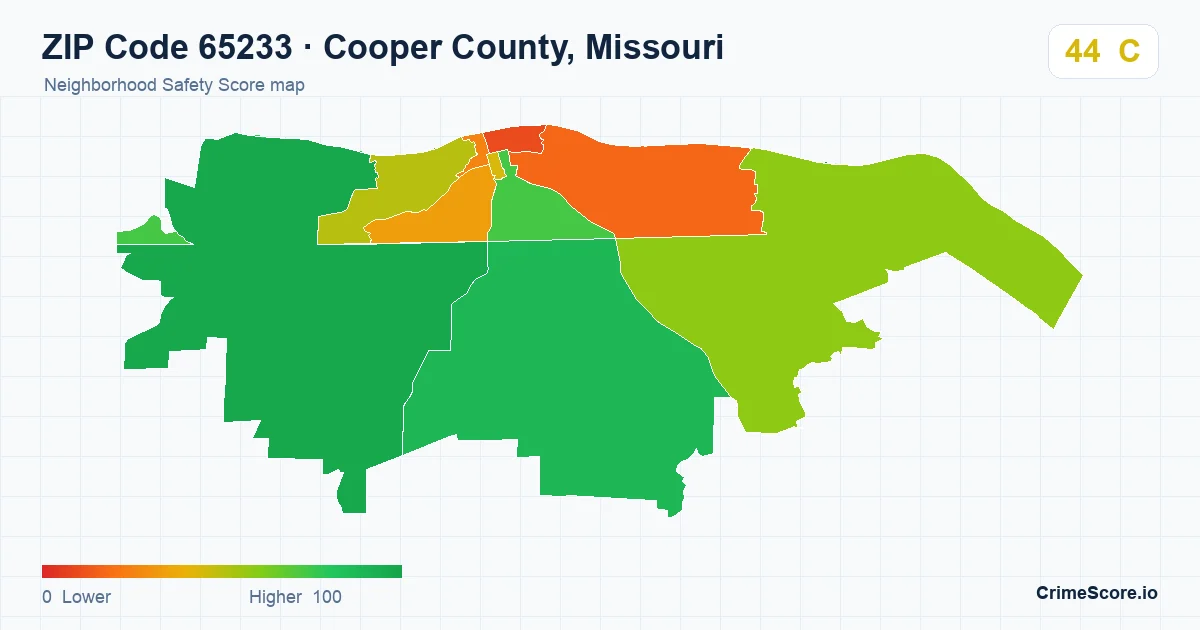 ZIP Code 65233 in Cooper County, Missouri neighborhood Safety Score map