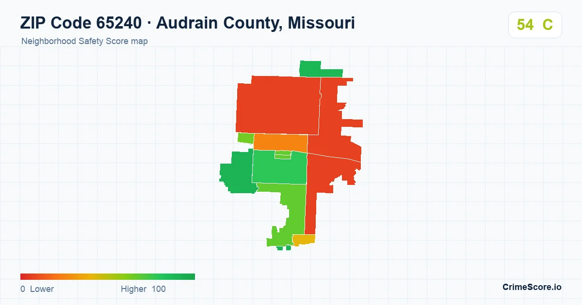 ZIP Code 65240 in Audrain County, Missouri neighborhood Safety Score map
