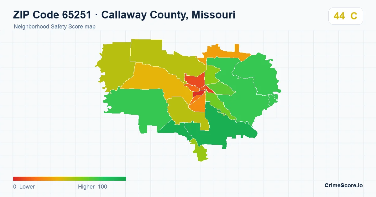 ZIP Code 65251 in Callaway County, Missouri neighborhood Safety Score map