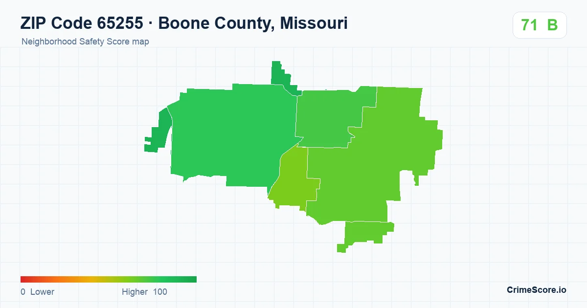 ZIP Code 65255 in Boone County, Missouri neighborhood Safety Score map