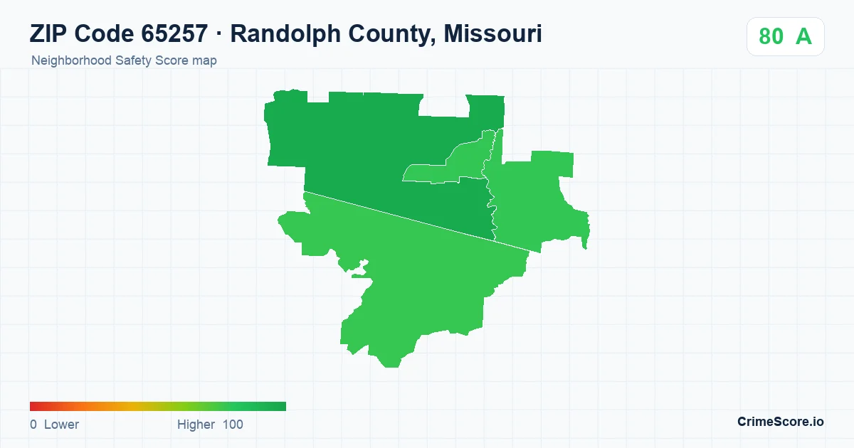ZIP Code 65257 in Randolph County, Missouri neighborhood Safety Score map