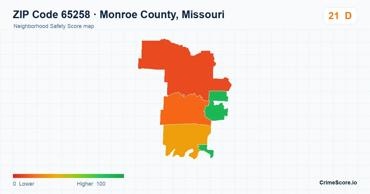 ZIP Code 65258 in Monroe County, Missouri neighborhood Safety Score map