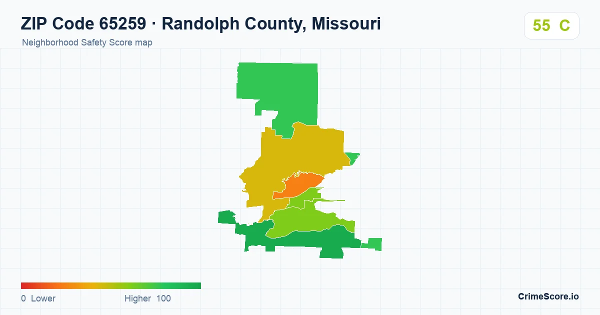 ZIP Code 65259 in Randolph County, Missouri neighborhood Safety Score map