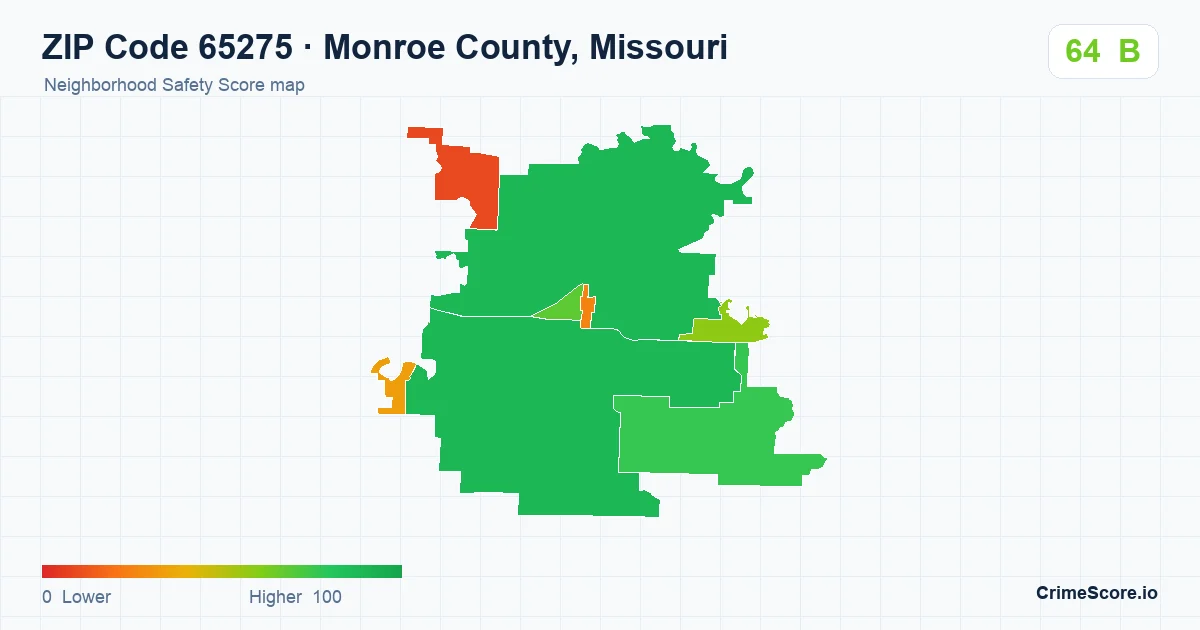 ZIP Code 65275 in Monroe County, Missouri neighborhood Safety Score map