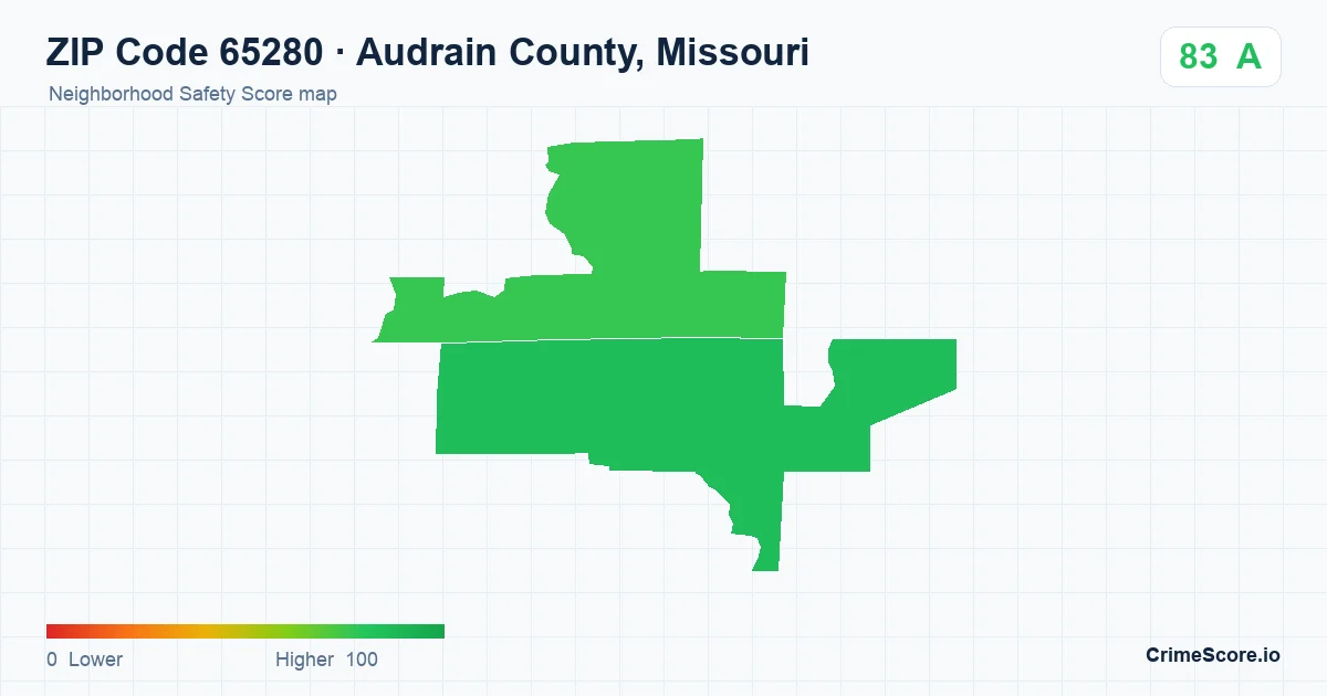 ZIP Code 65280 in Audrain County, Missouri neighborhood Safety Score map