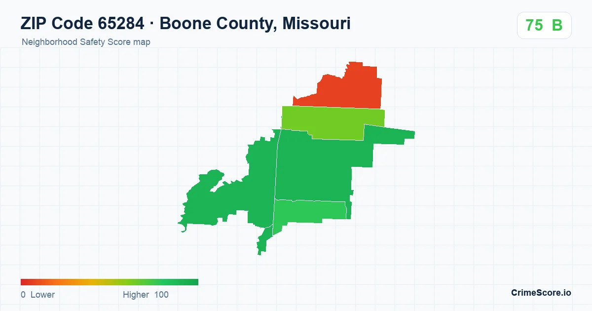 ZIP Code 65284 in Boone County, Missouri neighborhood Safety Score map