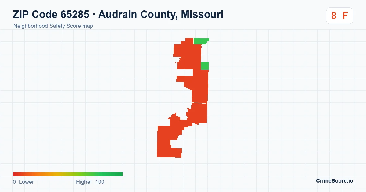 ZIP Code 65285 in Audrain County, Missouri neighborhood Safety Score map