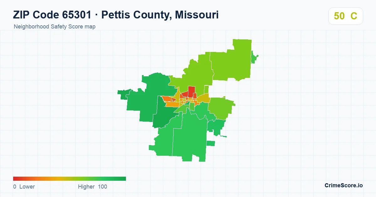 ZIP Code 65301 in Pettis County, Missouri neighborhood Safety Score map