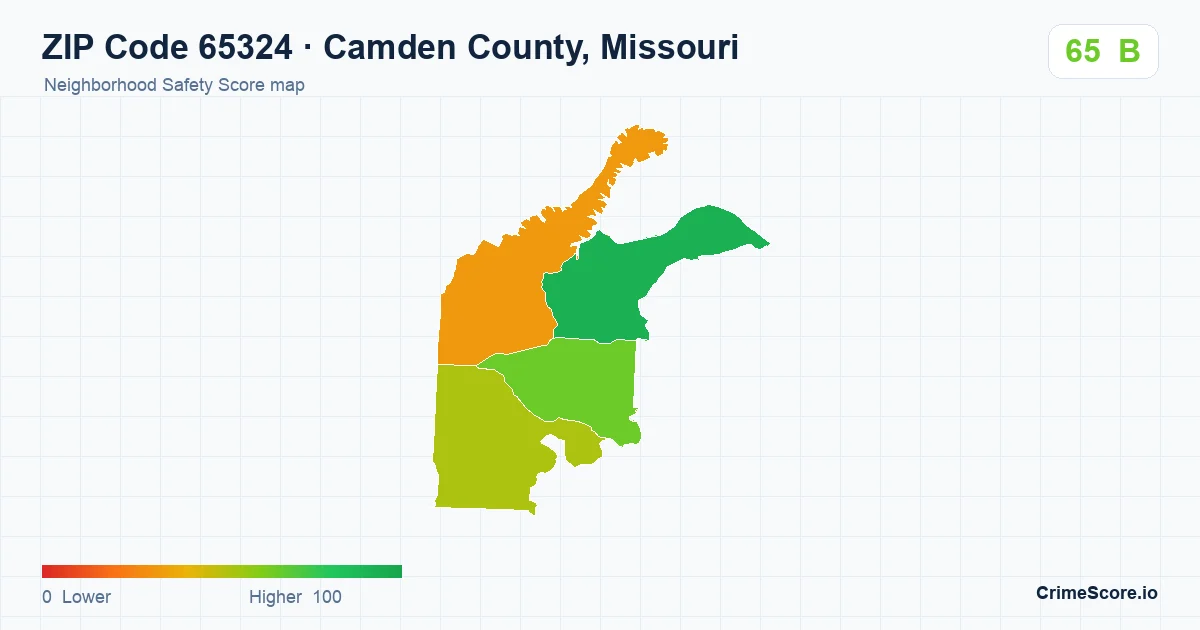 ZIP Code 65324 in Camden County, Missouri neighborhood Safety Score map