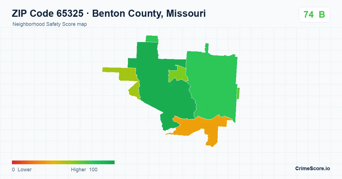 ZIP Code 65325 in Benton County, Missouri neighborhood Safety Score map