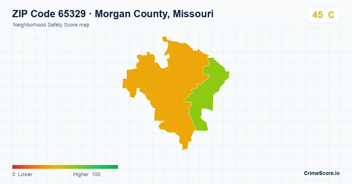 ZIP Code 65329 in Morgan County, Missouri neighborhood Safety Score map