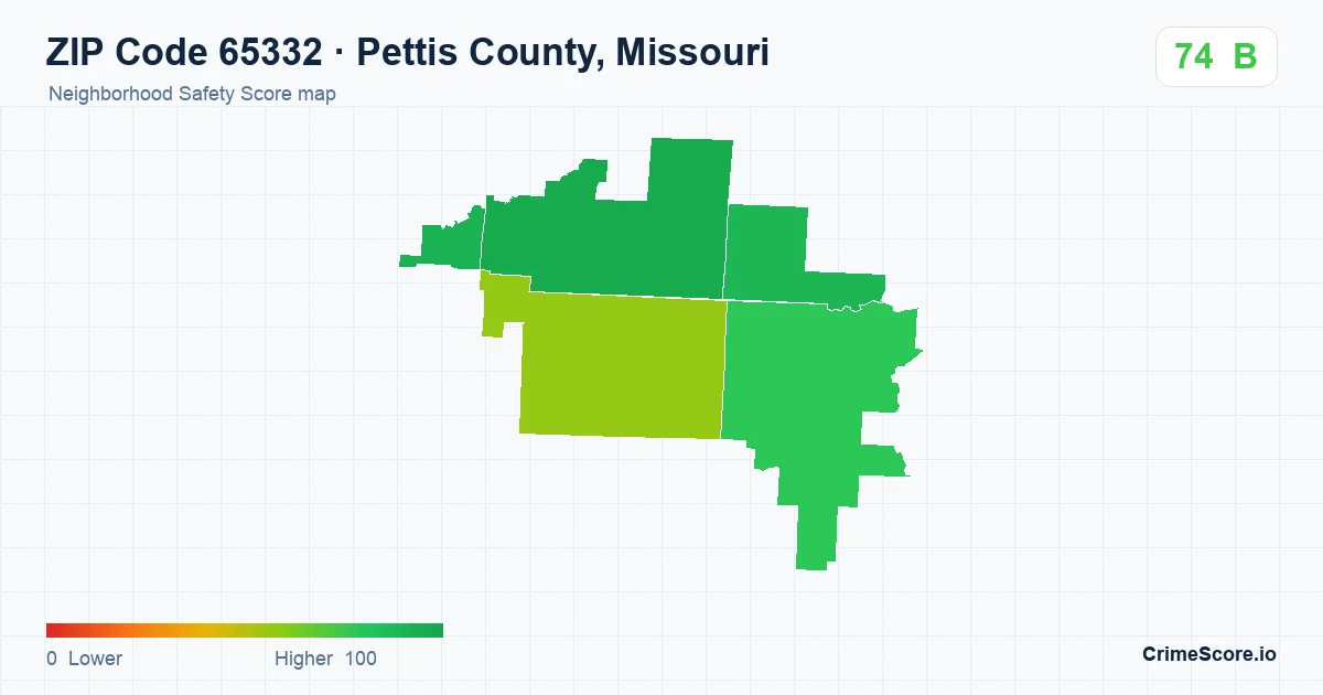 ZIP Code 65332 in Pettis County, Missouri neighborhood Safety Score map
