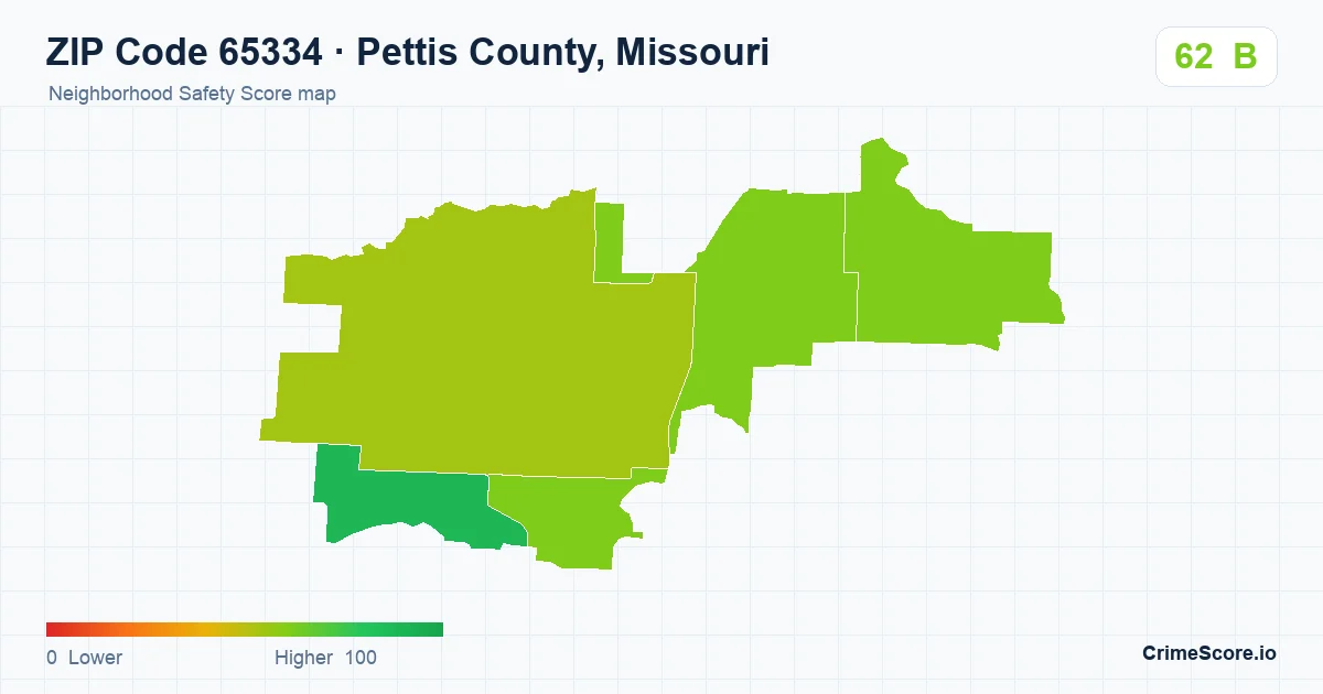 ZIP Code 65334 in Pettis County, Missouri neighborhood Safety Score map