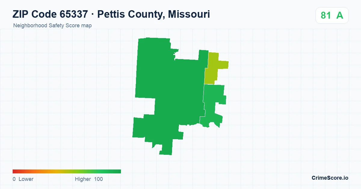 ZIP Code 65337 in Pettis County, Missouri neighborhood Safety Score map
