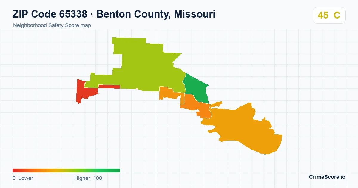 ZIP Code 65338 in Benton County, Missouri neighborhood Safety Score map