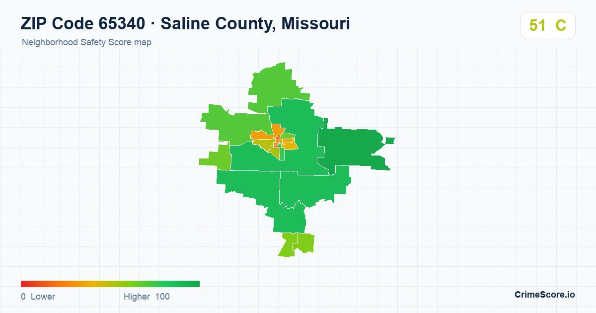 ZIP Code 65340 in Saline County, Missouri neighborhood Safety Score map