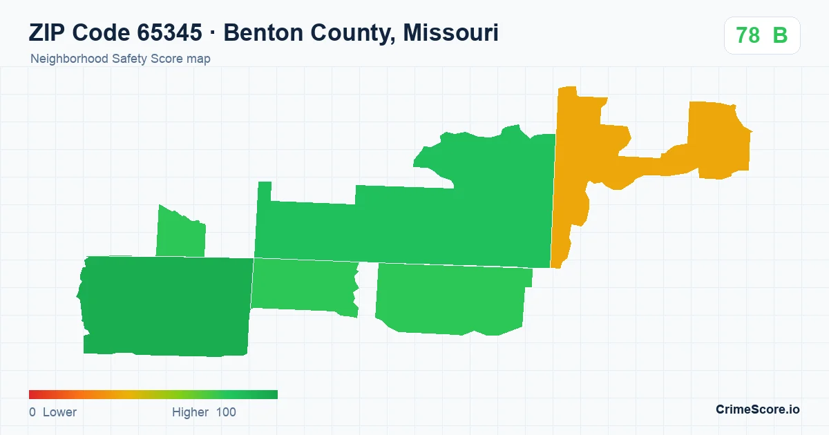 ZIP Code 65345 in Benton County, Missouri neighborhood Safety Score map